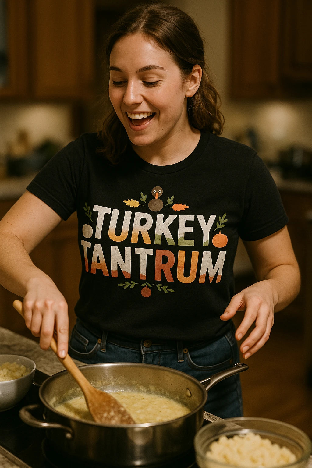 A person with long brown hair is smiling while cooking in a kitchen. They are stirring a pot on the stove. The person is wearing a black shirt with the text "TURKEY TANTRUM" decorated with leaf and turkey graphics.
