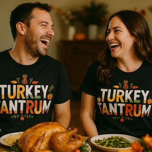 Person wearing the black thanksgiving shirts graphic tee - "Turkey Tantrum" design