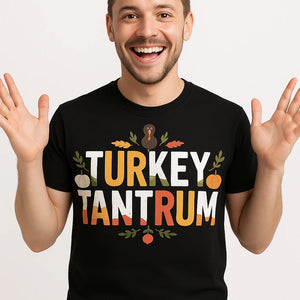 Close-up of the "Turkey Tantrum" gold print on a premium Bella+Canvas black thanksgiving shirts