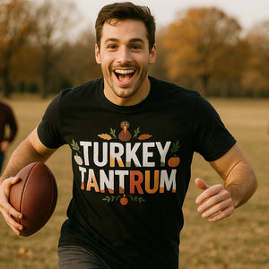 Lifestyle shot of the "Turkey Tantrum" black thanksgiving shirts in a real-world setting