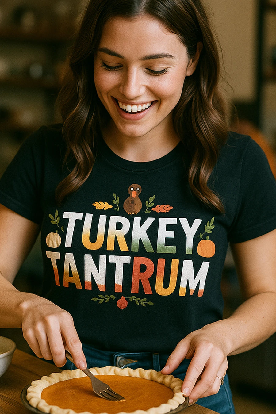 A person smiling while preparing a pie. They are wearing a black t-shirt with the text "TURKEY TANTRUM" in colorful letters and illustrations of a turkey, leaves, and pumpkins. The pie has an orange filling, possibly pumpkin. The person has brown hair and is using a fork to work on the pie crust.