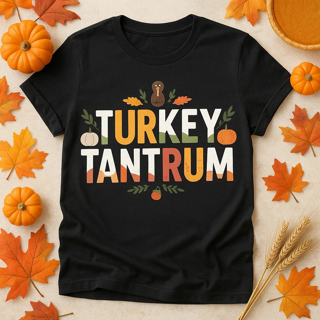 A black T-shirt with the text "TURKEY TANTRUM" in multicolored letters surrounded by autumn-themed illustrations, including small pumpkins and leaves. The shirt is laid on a surface with decorative pumpkins and orange maple leaves arranged around it, reflecting a fall or Thanksgiving theme.