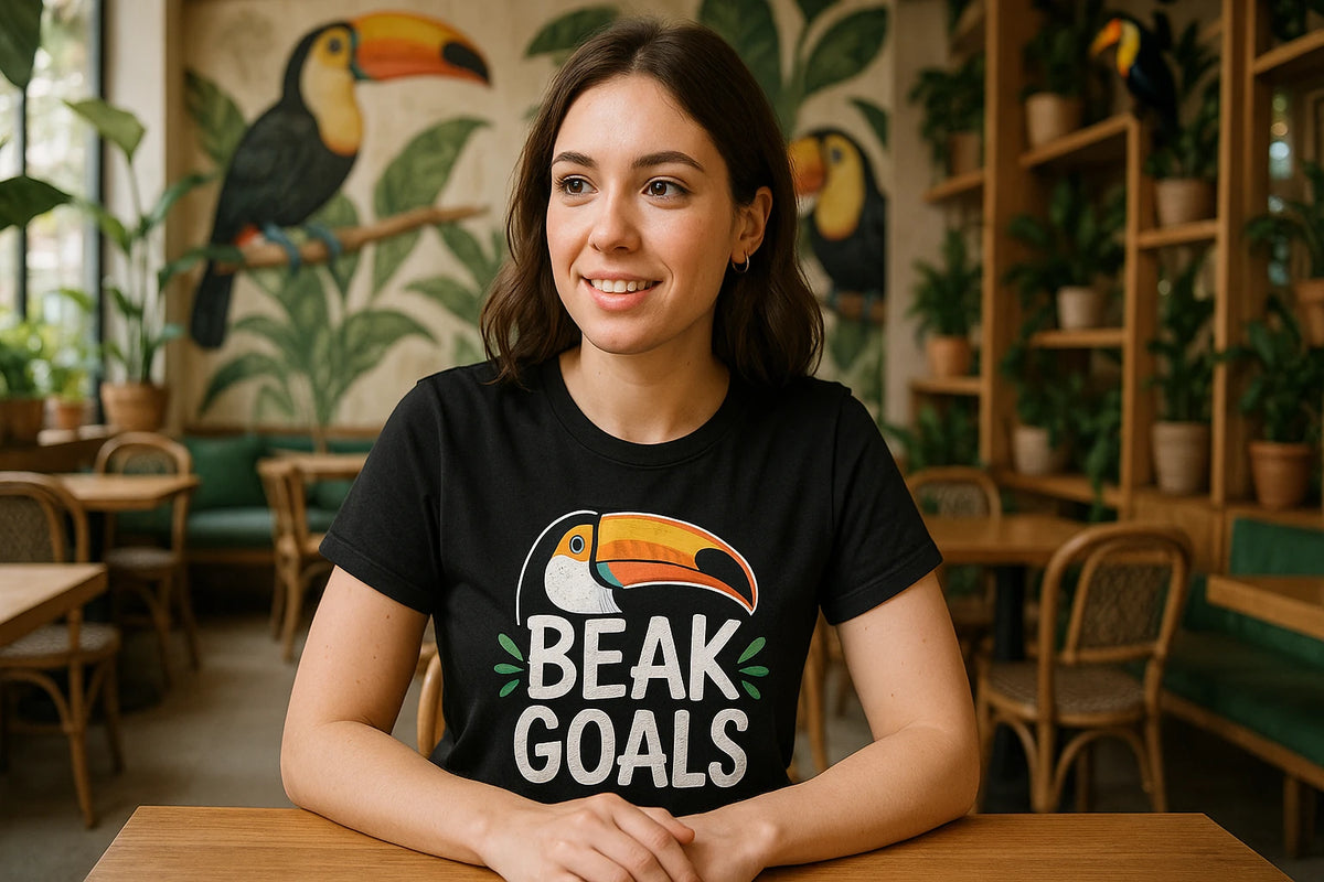 Lifestyle shot of the "Beak Goals" black toucan shirts in a real-world setting
