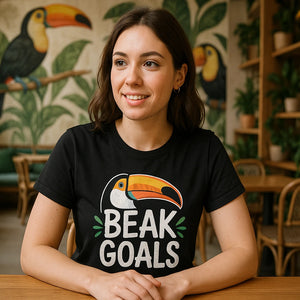 Lifestyle shot of the "Beak Goals" black toucan shirts in a real-world setting
