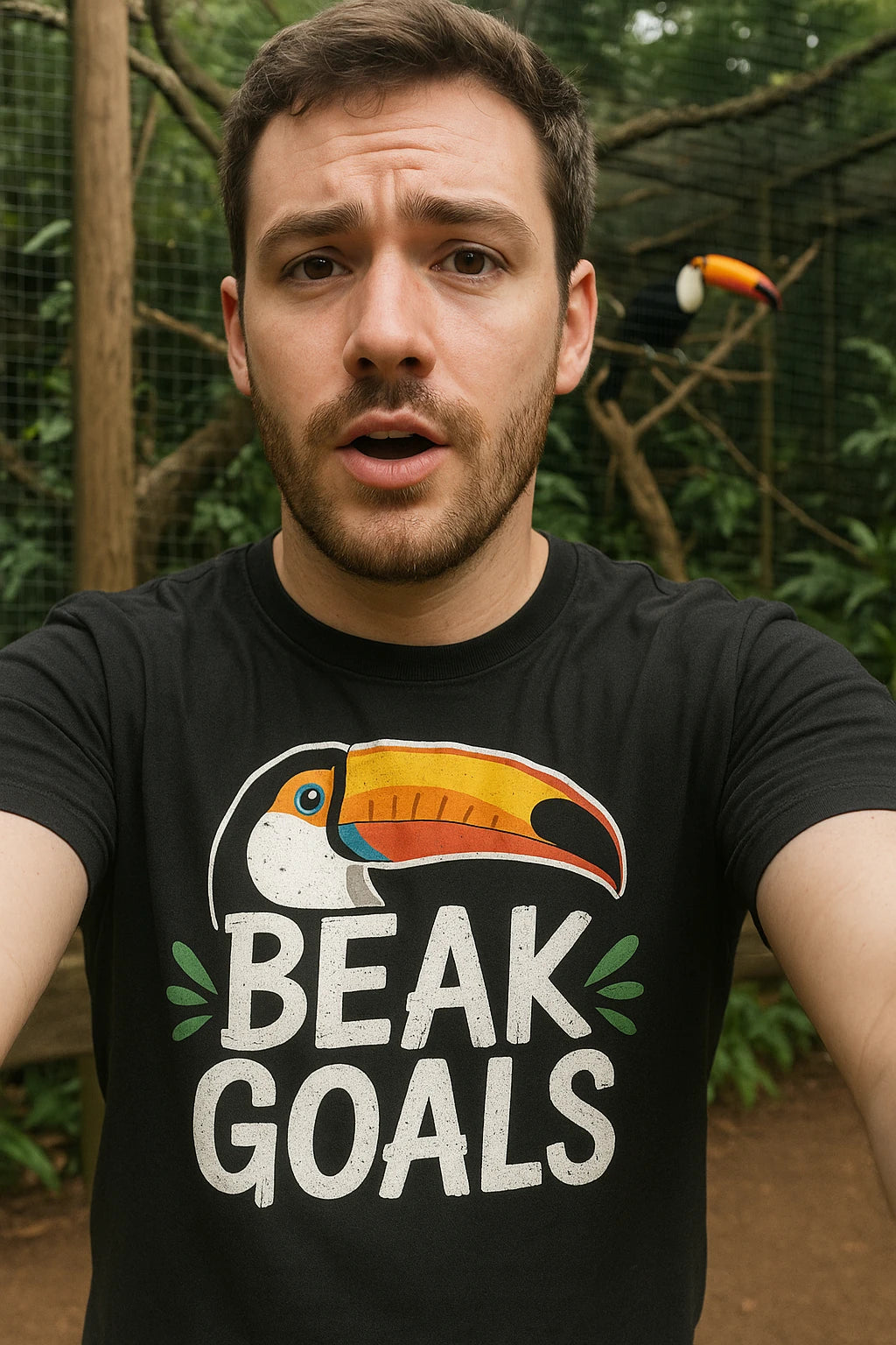"Beak Goals" black toucan shirts, photographed as toucan lover gift