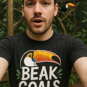 "Beak Goals" black toucan shirts, photographed as toucan lover gift