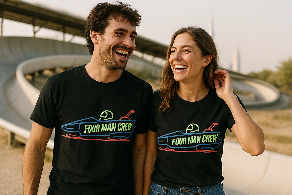 Person wearing the black bobsledding shirts graphic tee - "Four Man Crew" design