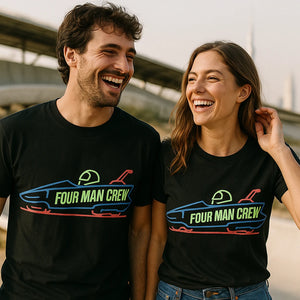 Person wearing the black bobsledding shirts graphic tee - "Four Man Crew" design