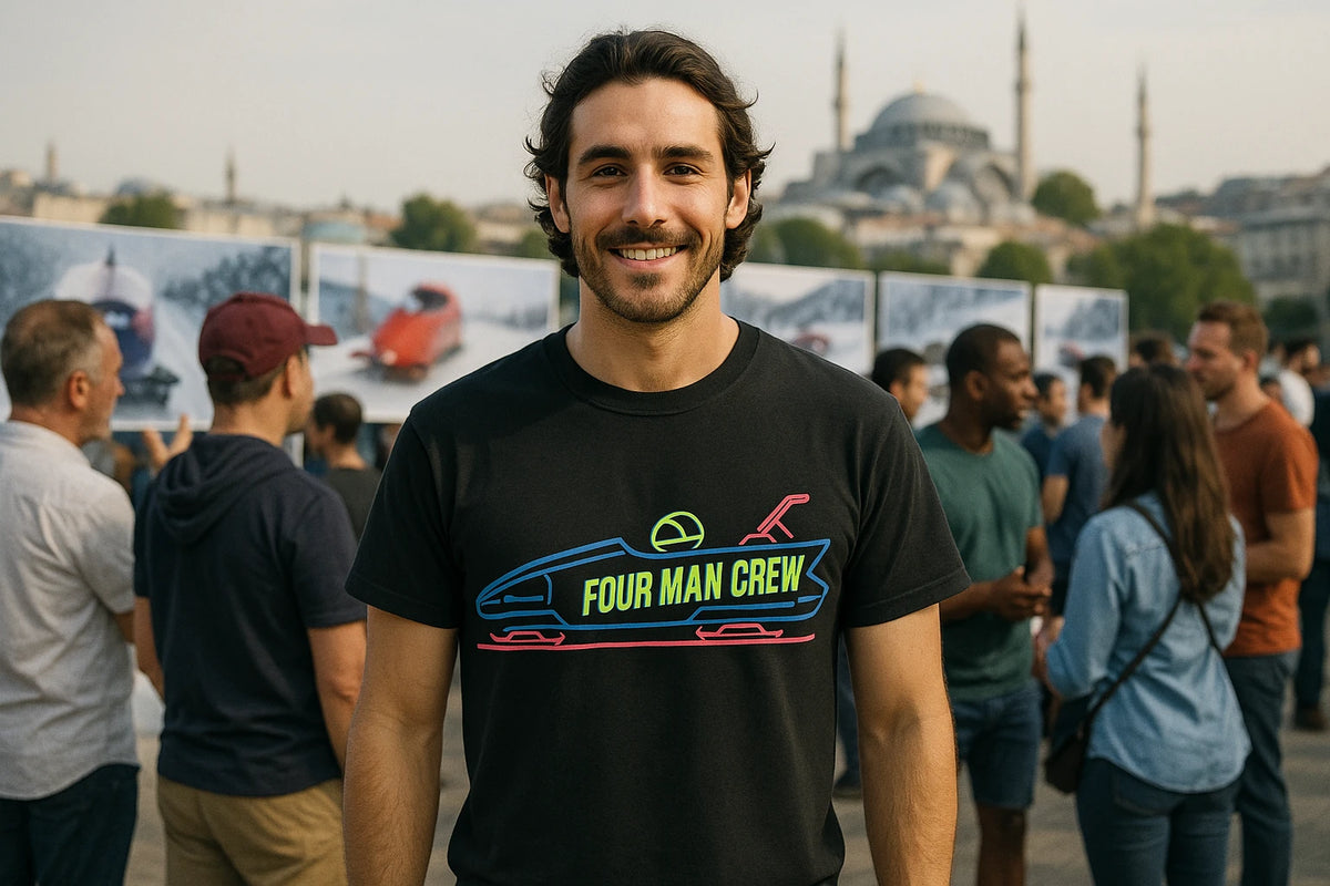 Lifestyle shot of the "Four Man Crew" black bobsledding shirts in a real-world setting