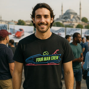 Lifestyle shot of the "Four Man Crew" black bobsledding shirts in a real-world setting