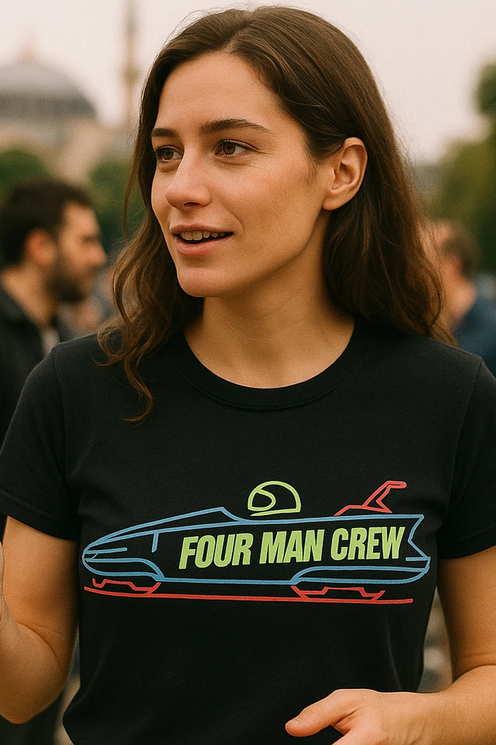 "Four Man Crew" black bobsledding shirts, photographed as bobsledding lover gift