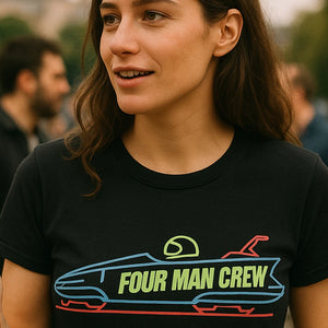 "Four Man Crew" black bobsledding shirts, photographed as bobsledding lover gift