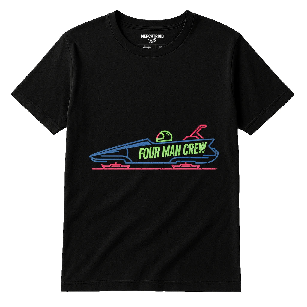 Black Bobsledding Shirts - "Four Man Crew" graphic tee with tan print, flat lay product photo