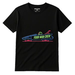 Black Bobsledding Shirts - "Four Man Crew" graphic tee with tan print, flat lay product photo