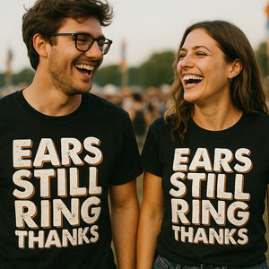Person wearing the black concert t shirt graphic tee - "Ears Still Ring Thanks" design