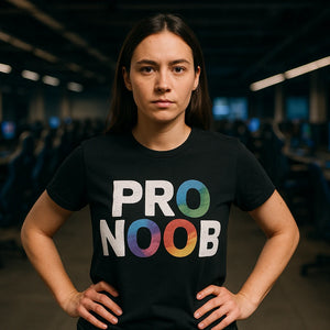 Lifestyle shot of the "Pro Noob" black esports t shirt maker in a real-world setting