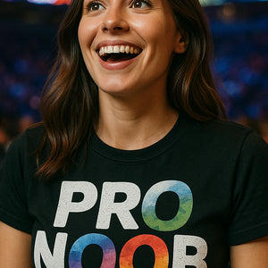 "Pro Noob" black esports t shirt maker, photographed as esport lover gift