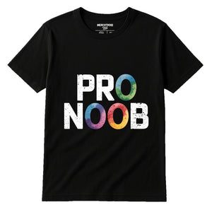 Black Esports T Shirt Maker - "Pro Noob" graphic tee with white print, flat lay product photo