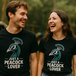 Person wearing the black peacocks shirts graphic tee - "Just a Peacock Lover" design