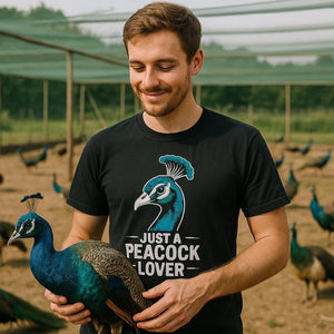 Lifestyle shot of the "Just a Peacock Lover" black peacocks shirts in a real-world setting