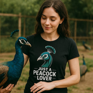 "Just a Peacock Lover" black peacocks shirts, photographed as peacocks lover gift