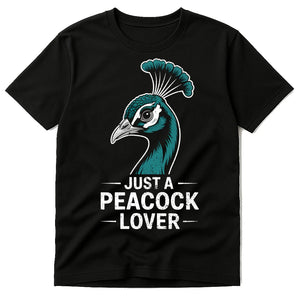 Black Peacocks Shirts - "Just a Peacock Lover" graphic tee with white print, flat lay product photo