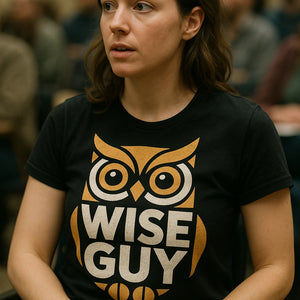 "Wise Guy" black owl tee shirt - also one of the best gifts for owl lovers