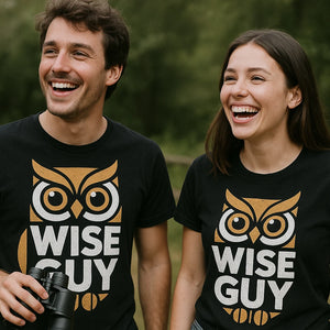 Person wearing the black owl tee shirt graphic tee - "Wise Guy" design