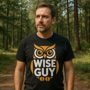 Lifestyle shot of the "Wise Guy" black owl tee shirt in a real-world setting