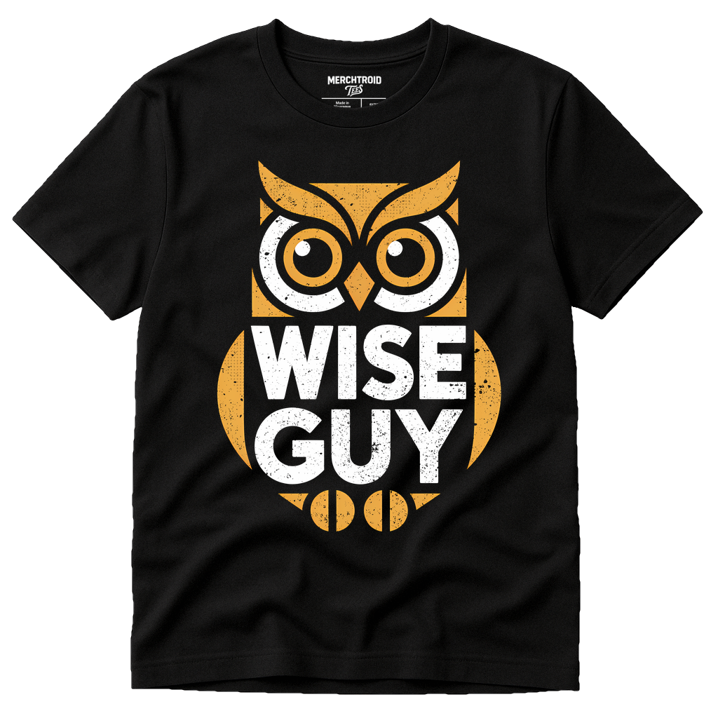 Black Owl Tee Shirt - "Wise Guy" graphic tee with white print, flat lay product photo