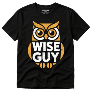 Black Owl Tee Shirt - "Wise Guy" graphic tee with white print, flat lay product photo