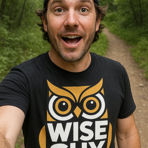 "Wise Guy" black owl tee shirt, photographed as presents for owl lovers