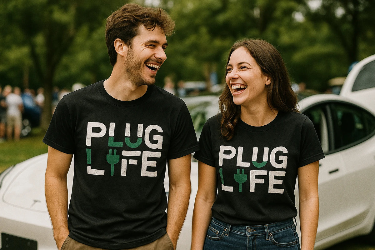 Person wearing the black electric car t shirt graphic tee - "Plug Life" design