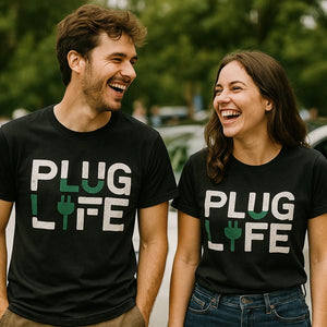 Person wearing the black electric car t shirt graphic tee - "Plug Life" design