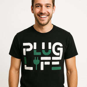 Close-up of the "Plug Life" white print on a premium Bella+Canvas black electric car t shirt