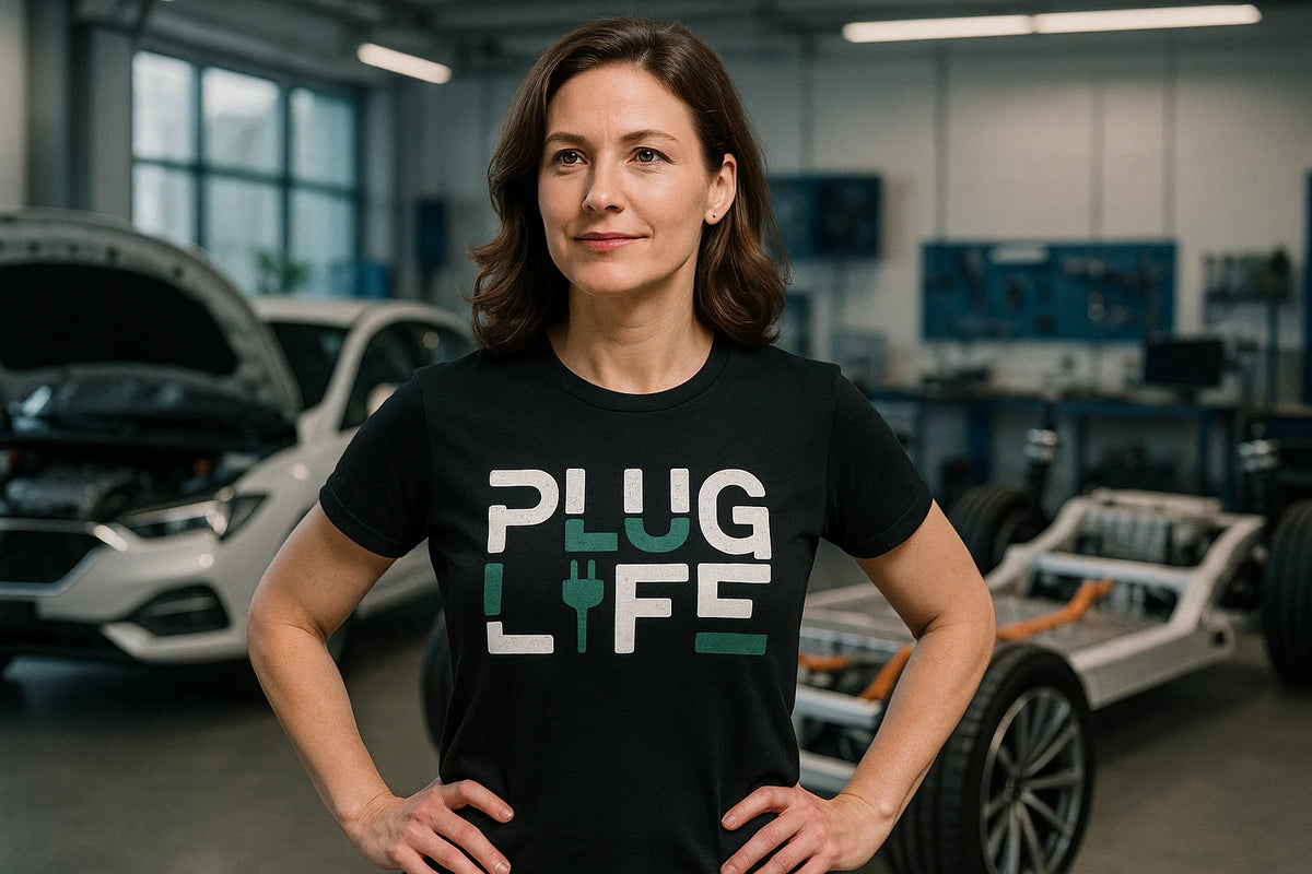 Lifestyle shot of the "Plug Life" black electric car t shirt in a real-world setting