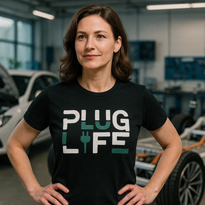 Lifestyle shot of the "Plug Life" black electric car t shirt in a real-world setting