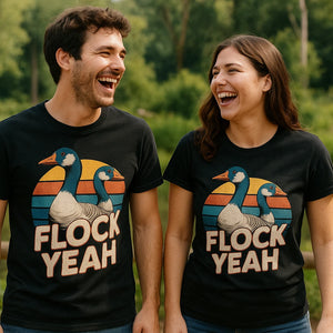 Person wearing the black geese t shirt graphic tee - "Flock Yeah" design