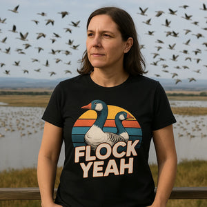 Lifestyle shot of the "Flock Yeah" black geese t shirt in a real-world setting