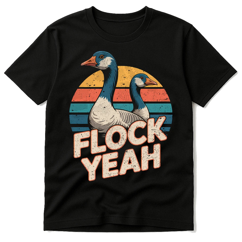 Black Geese T Shirt - "Flock Yeah" graphic tee with gray print, flat lay product photo