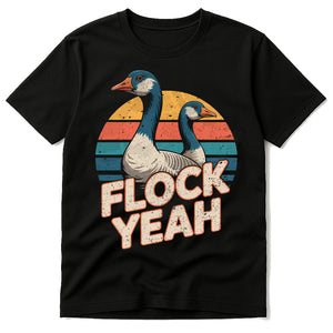 Black Geese T Shirt - "Flock Yeah" graphic tee with gray print, flat lay product photo