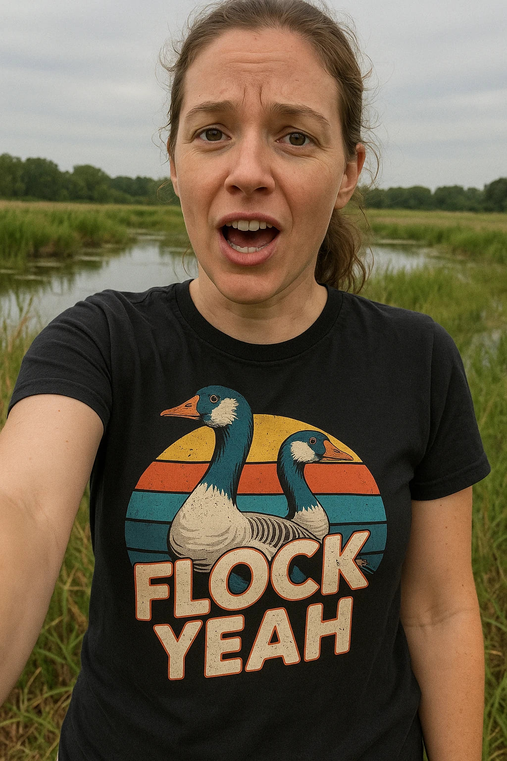 "Flock Yeah" black geese t shirt, photographed as geese lover gift