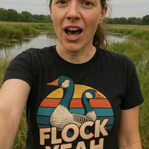 "Flock Yeah" black geese t shirt, photographed as geese lover gift