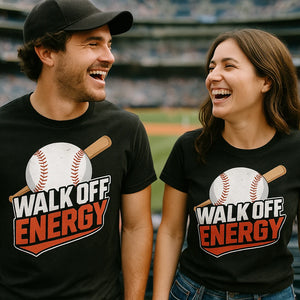 Person wearing the black baseball tee graphic tee - "Walk Off Energy" design