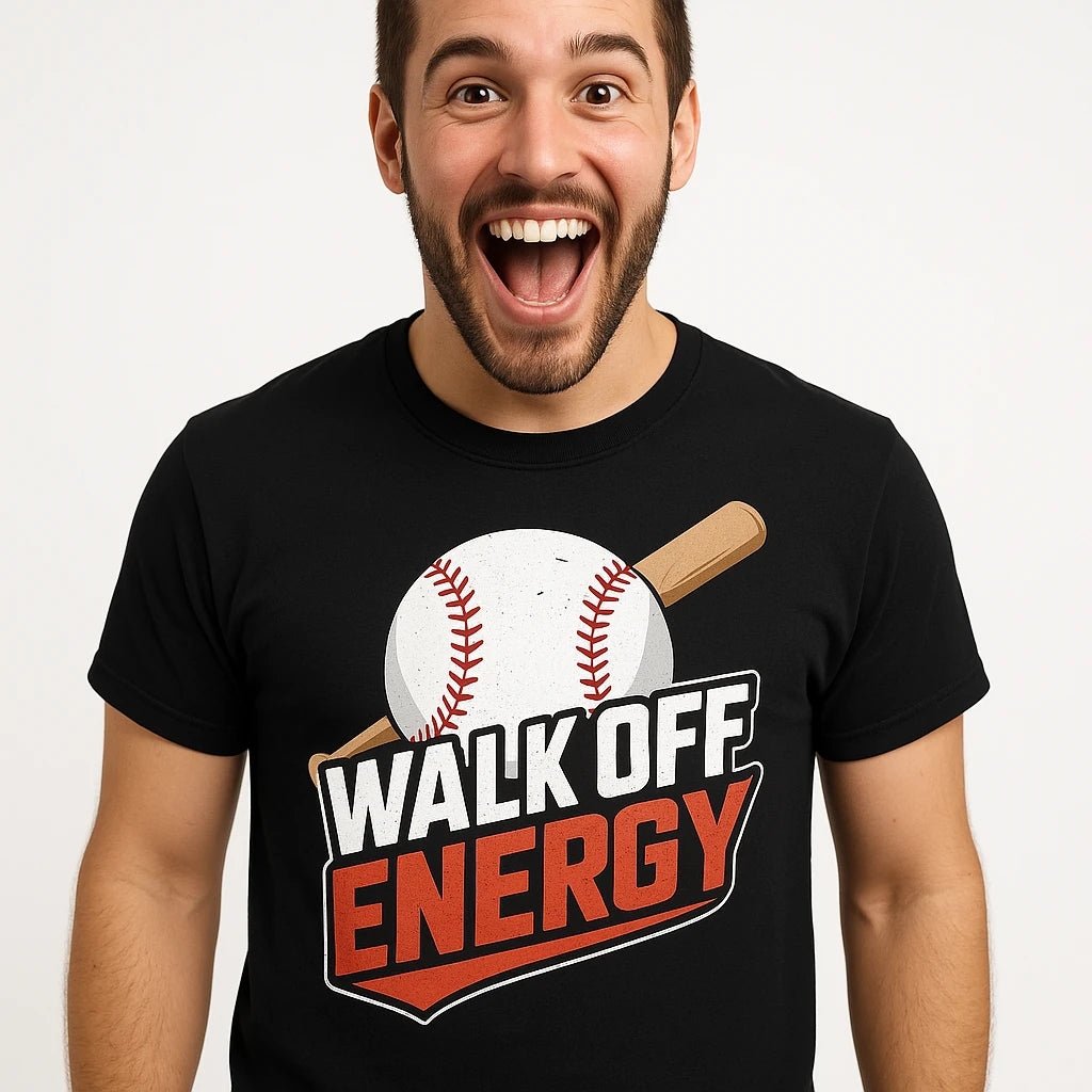 Close-up of the "Walk Off Energy" white print on a premium Bella+Canvas black baseball tee