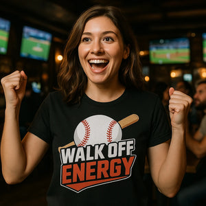 Lifestyle shot of the "Walk Off Energy" black baseball tee in a real-world setting