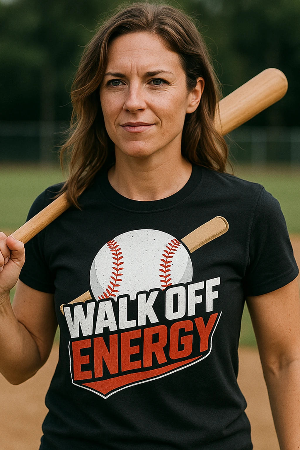 "Walk Off Energy" black baseball tee, photographed as baseball lover gift