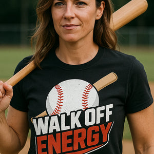 "Walk Off Energy" black baseball tee, photographed as baseball lover gift