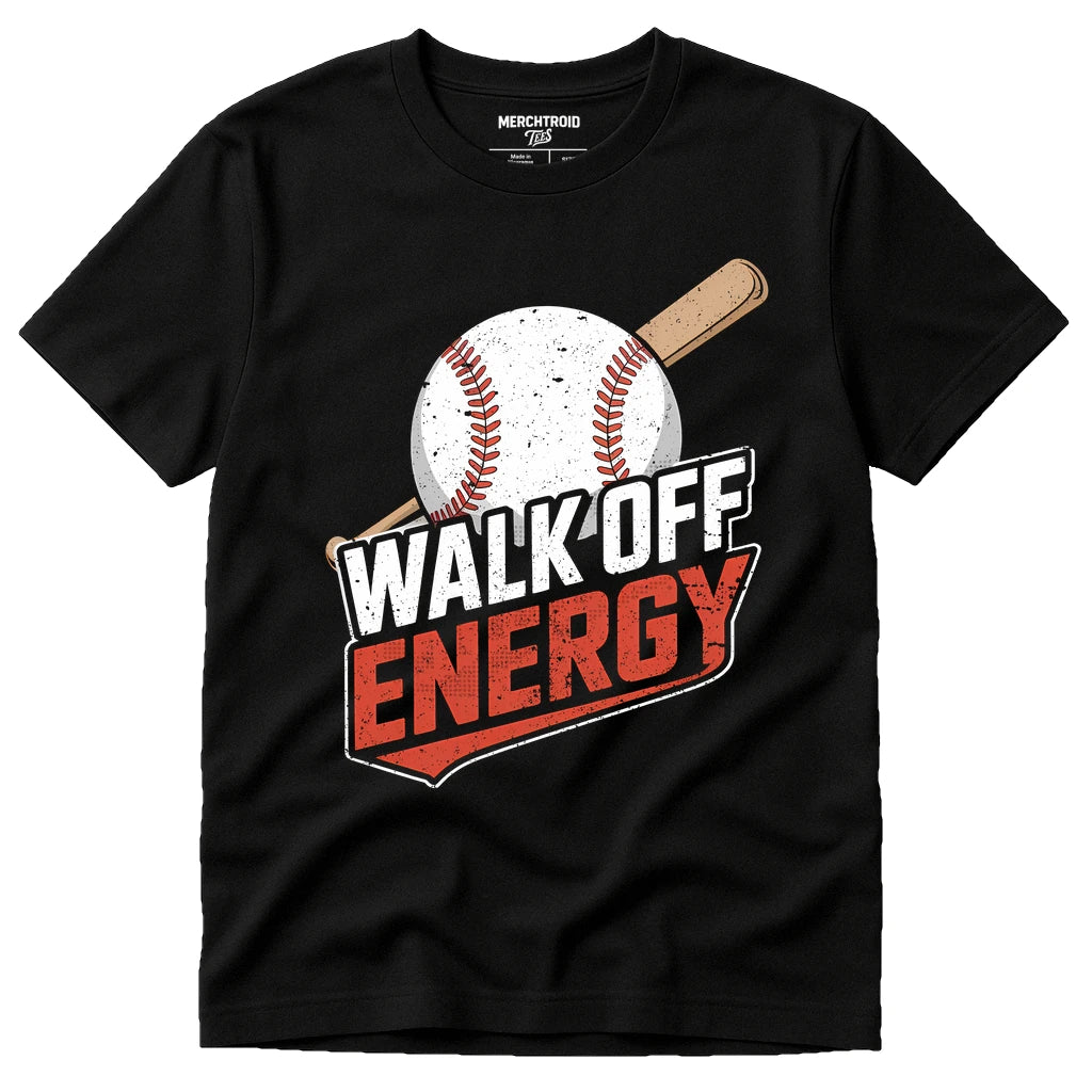 Black Baseball Tee - "Walk Off Energy" graphic tee with white print, flat lay product photo