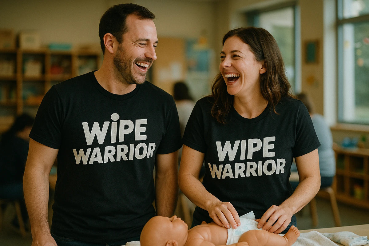 Person wearing the black diaper duty t shirt graphic tee - "Wipe Warrior" design